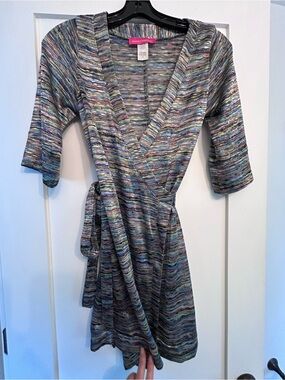 Pookie & Sebastian Multicolor Striped Wrap Dress - Blue, Gray & Purple